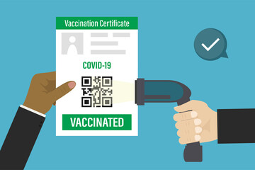 Hand holds paper document with Covid-19 vaccination certificate. Health passport with QR code. Checking code with QR scanner. Coronavirus prevention. Mandatory vaccination.