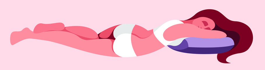 vector image of a silhouette of a girl sleeping in bed with hair scattered over the pillow in pastel colors on a purple background. useful for advertising bed linen, pillows, sleeping pills, sedatives