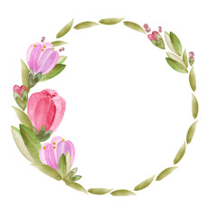 Spring floral watercolor round frame, from tulips, crocuses, greenery, delicate frame for text, Easter greetings, isolated. Hand drawn elements, holiday decor for valentine's day, wedding, birthday