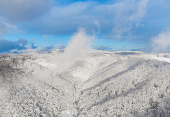 aerial view of Carpathian mountains in winter