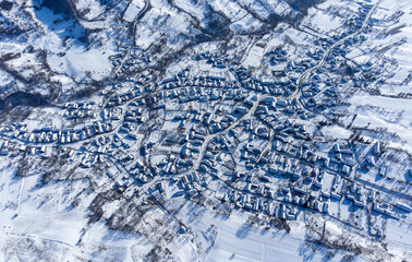 aerial view of a village from Transylvania in winter