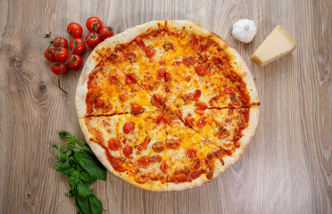 pizza quatro formaggi and cherry tomato