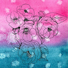 Graphic blooming flowers on colorful watercolor background. Abstract floral background.