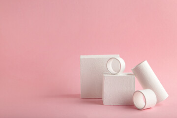 Abstract minimal scene with geometrical forms on pink background. Abstract background. Space for text