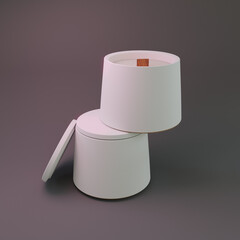 Composition of two white ceramic matte  interrior candles mockup. 3d render template for design . Ceramic or plastic jar 3d isolated mockup. On brown background. Packaging design