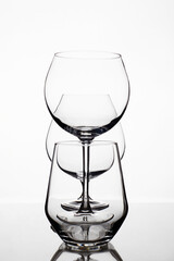 Empty wine glasses on a white background. beautiful still life