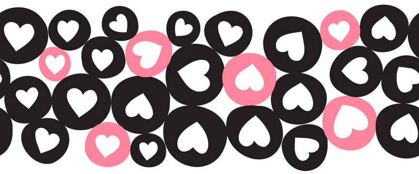 Heart shapes seamless vector border. Repeating horizontal pattern with black and pink hearts in circles. Decorative hand drawn cute border for Valentines, footer, header, divider, trim, ribbons