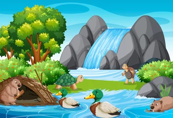 Waterfall in forest background with wild animals © blueringmedia