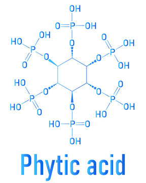 Phytic acid or hexakisphosphate, IP6, phytate molecule. Present in seeds and grains of many plants, acting as storage form of phosphorus. Skeletal formula.
