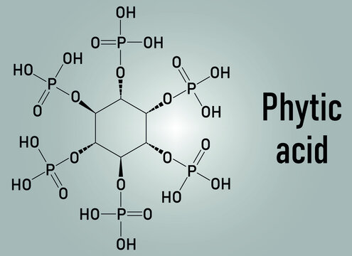 Phytic acid or hexakisphosphate, IP6, phytate molecule. Present in seeds and grains of many plants, acting as storage form of phosphorus. Skeletal formula.