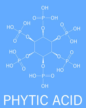 Phytic acid or hexakisphosphate, IP6, phytate molecule. Present in seeds and grains of many plants, acting as storage form of phosphorus. Skeletal formula.