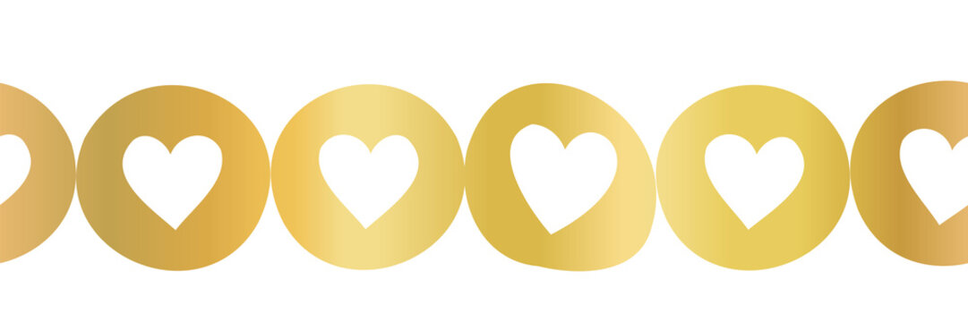 Golden hearts seamless vector border. Repeating horizontal pattern with metallic gold foil heart shapes in circles. Decorative cute elegant border for Valentines, footer, header, divider, trim, party.