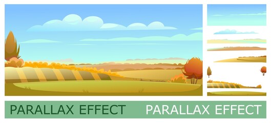 Countryside landscape with vegetable gardens and pastures. Solid layers for folding the picture with a parallax effect. Vector