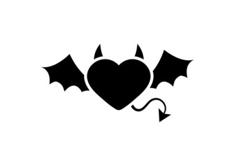 Devil or demon heart black silhouette icon isolated on white background. Heart with horns, tail, wings. Flat design simple clip art vector illustration.