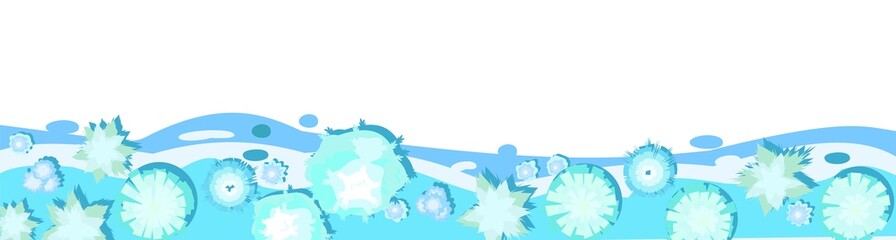 Winter landscape top view. Border horizontal wave composition. Snowy frosty nature in cold season. From high. White drifts of snow. Illustration in cartoon style flat design. Vector