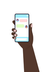 Chat bot dialoge windows with woman headset on smartphone screen flat design. Online artificial intelligence robot message chat on holding hand mobil phone. Vector illustration of talk interface