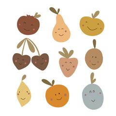 Set of cute fruits in warm colors. Vector illustration isolated on white background