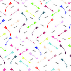 Vector seamless pattern. Arrows of various shapes and colors on a white isolated background. 