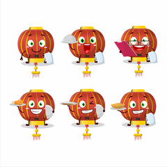 happy red chinese lamp waiter cartoon character holding a plate