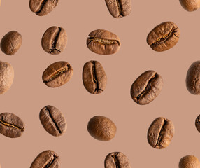 Seamless pattern made of roasted arabica or robusta coffee beans used as ingredient for espresso on brown chocolate color background 
