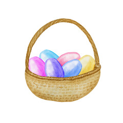 Easter basket with colorful eggs watercolor illustration. Hand drawn drawing for the spring holiday. Postcard and print.