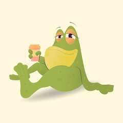 Cartoon frog sits with a smile in his right hand holding a cup of coffee. Vector illustration.