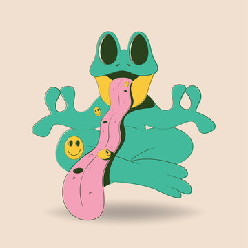 The Frog Hovers Above The Ground In The Lotus Position. Her Mouth Is Open With Her Tongue Sticking Out. Emoticons Jump Across The Tongue. Vector Illustration.