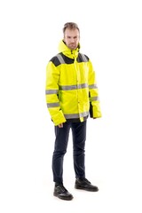 A middle-aged white man wearing a green working uniform standing over isolated white background looks happy. Worker and builder concept.