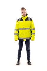 Fototapeta premium A middle-aged white man wearing a green working uniform standing over isolated white background looks happy. Worker and builder concept.