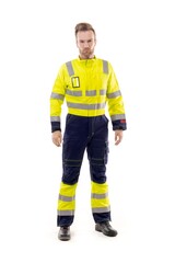 A middle-aged white man wearing a green working uniform standing over isolated white background looks happy. Worker and builder concept.