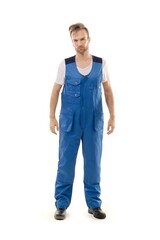 Fototapeta premium A middle-aged white man wearing an blue uniform standing over isolated white background looks happy. Worker and builder concept, mannequin.