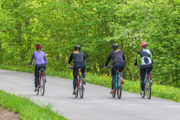 Fototapeta premium Young women exercising on bikes in a road in a deciduous forest