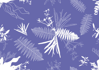 White leaves and flowers on a lilac background. Seamless natural pattern. Color 2022 Very Peri.