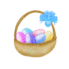 Easter basket with colorful eggs and bow. Watercolor hand drawn illustration for the spring holiday. Postcard and print.	