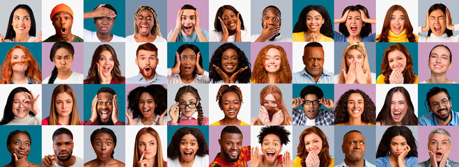 Emotional multiracial people gesturing and grimacing, collection of photos, collage
