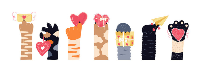 Heart and cats paw vector set. Pet feet in hand drawn style. Paws of fluffy, pretty, friendly kittens holding openwork heart. © passionart