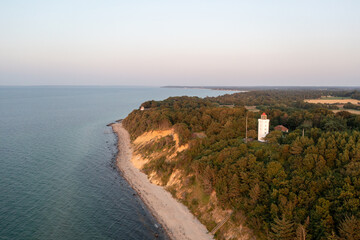 Gilleleje, Denmark - July 23, 2021: Aerial drone view of Nakkehoved Lighthouse in North Zealand