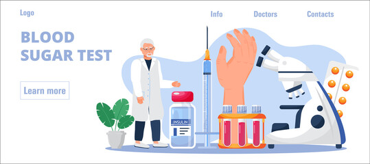 Diabetes concept vector for homepage. Glucometer for blood glucose testing meter. Doctor treats hyperglycemia. Lab, pills, insulin syringe for injection.