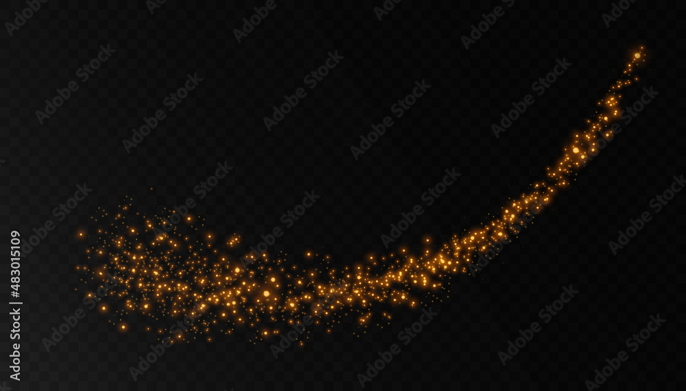 Poster Yellow glowing light effect with lots of shiny particles isolated on dark background. Vector star cloud with dust.