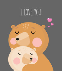Cute Bears who are hugging. For greeting card, posters, banners, children books, printing on the pack, printing on clothes, wallpaper, textile or dishes.