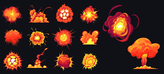 Vector cartoon  illustratons of fire explosions isolated on dark background