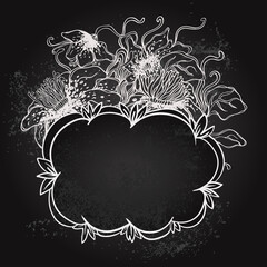 Vector illustration of floral design on blackboard. Stylish concept decoration for a restaurant, coffeehouse, coffee shop menu, wedding invitation