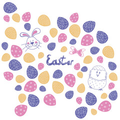 Easter eggs in pink, lilac and yellow colors, a rabbit and a chicken on a white background. Seamless Easter pattern.