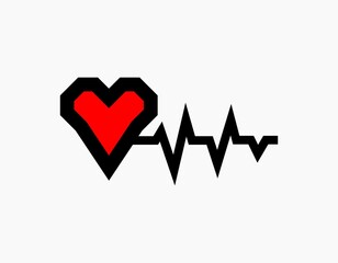 Heart rate icon logo. Isolated red heart with black pulse lines. Symbol of healthy and love.