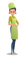 Female cook in overalls. Little Girl from kitchen in an apron. Cheerful person. Standing pose. Cartoon comic style flat design. Single character. Illustration isolated on white background. Vector