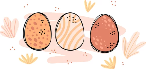 Muurstickers Illustration of a painted egg surrounded by plant elements. Simple cute style for kids. Wall sticker, card, invitation, party decoration. © EniaKlever