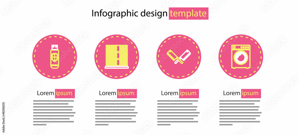 Poster set line crossed meat chopper, washer, server, data, web hosting and usb flash drive and shield icon