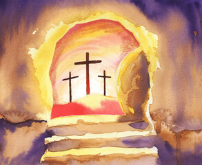 Watercolor easter illustration. Empty tomb for Jesus Christ is risen.