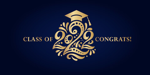 Congratulations on graduation from school, college, institute in 2022. Congratulations for graduates for a holiday, a party, a ball. Gold numbers 2022, a graduate's hat and on a blue background.