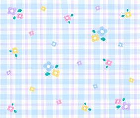 Pink Blue Yellow Purple Lilac Violet Flower Gingham Patterns Background Editable Stroke. Vector Illustration Tablecloth, Picnic mat wrap paper.	